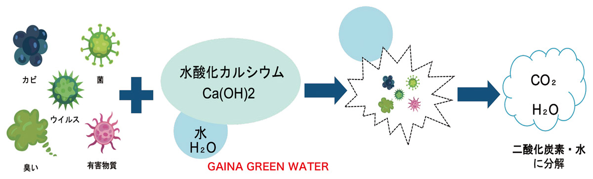 GAINA GREEN WATERによるウイルス・菌の分解の仕組み